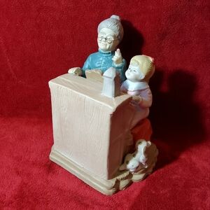 Vintage Ceramic Figurine Girl Playing Piano With Grandma Teacher & Puppy Gift